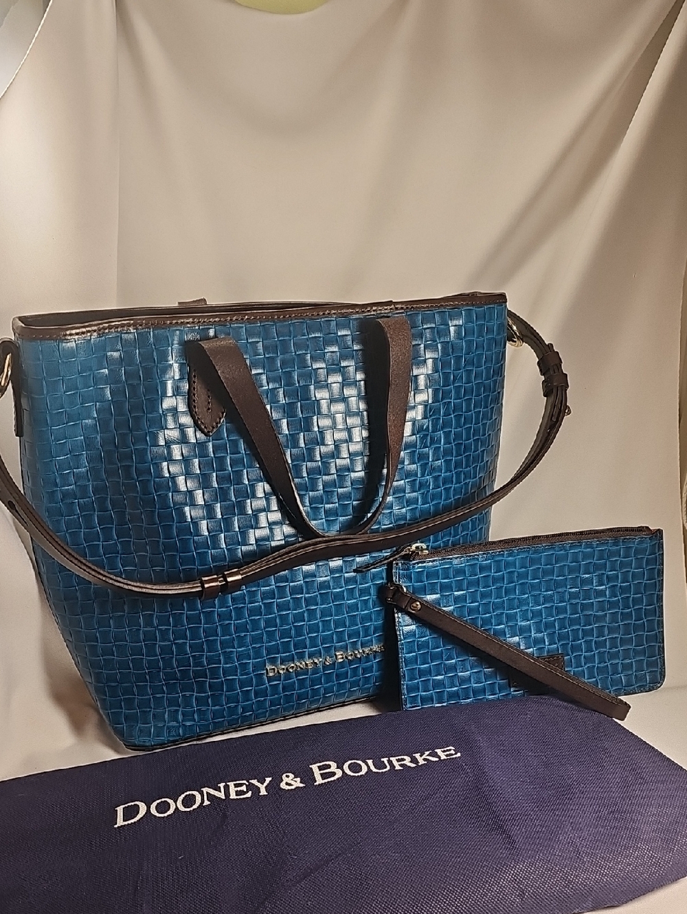 Dooney & Bourke Liliana Teal/Turq Blue Woven Leather Tote with Matching Wristlet